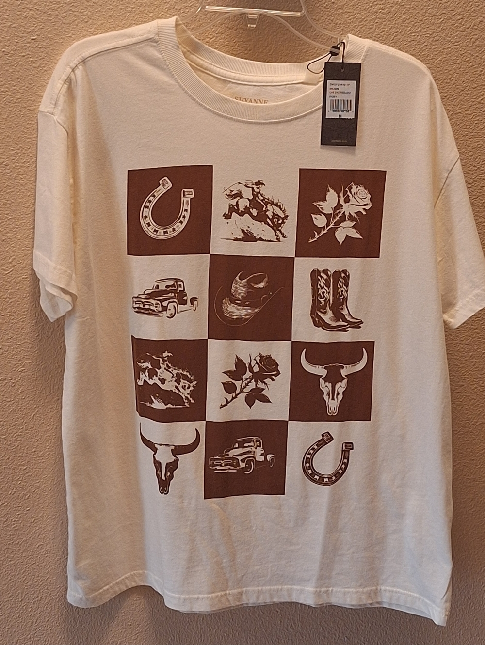 Western "Shyanne" Women's Ivory/Brown Checkerboard T-Shirt."